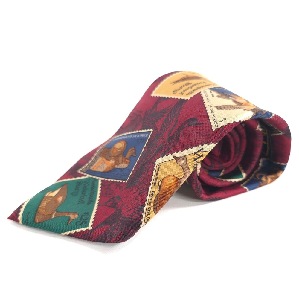 EDDIE BAUER Men's Silk Tie Ducks ITALY HAND PRINTED‎ Vintage USA MADE Hand Sewn